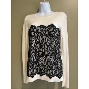 Ann Taylor S cream sweater w:delicate lace overlay -classy feminine edgy look
